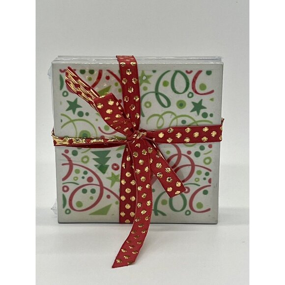 Festive Ceramic Coaster Set Of 4 with Christmas Trees And Confetti - Picture 5 of 6